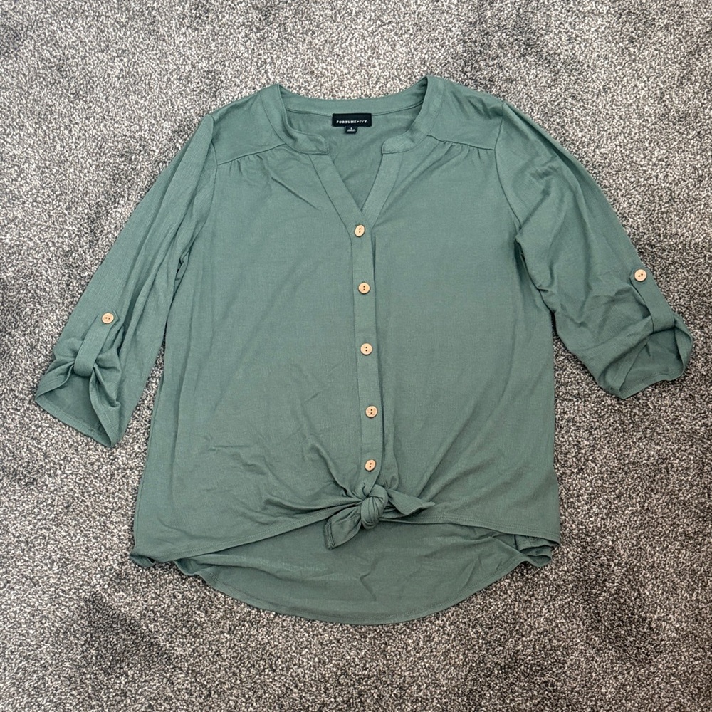 Women's Green Button-Down Shirt with Tie Front